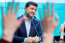 Ukrainian comedian and presidential candidate Volodymyr Zelenski speaks to his supporters at hi ...