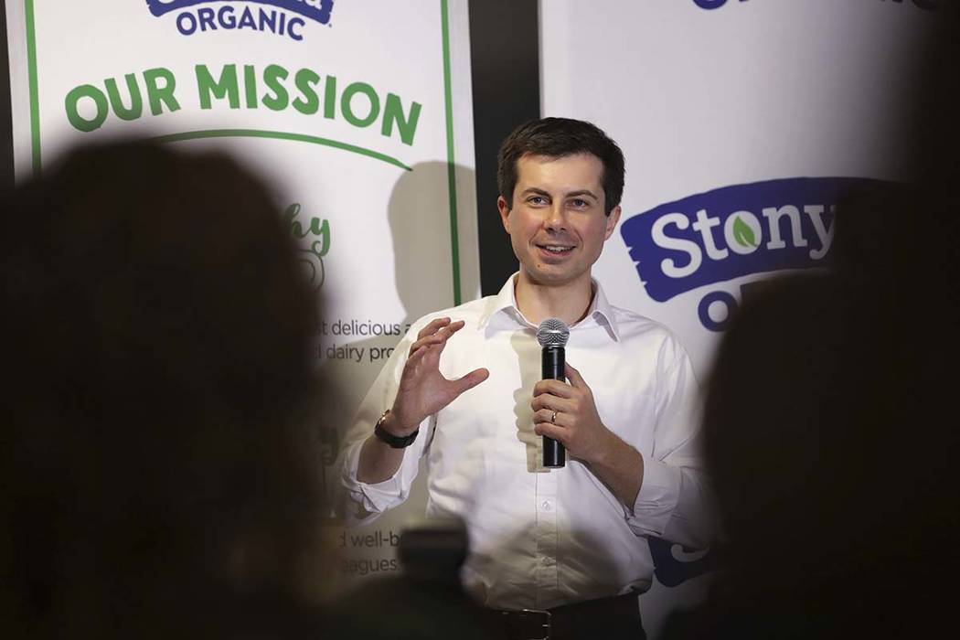 Democratic presidential candidate South Bend Mayor Pete Buttigieg answers questions from employ ...