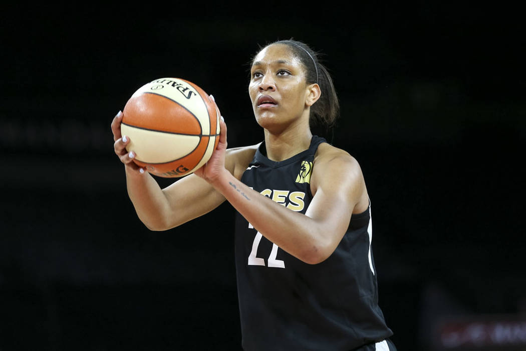 Las Vegas Aces center A'ja Wilson (22) shoots a free throw against the Los Angeles Sparks in th ...