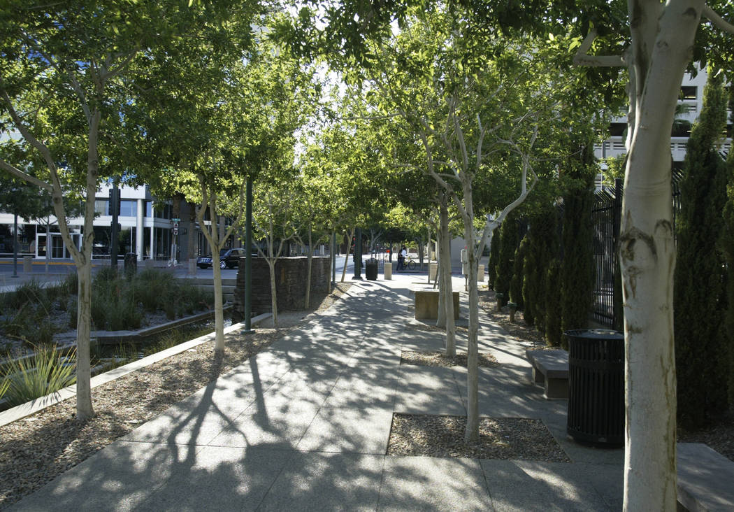 Trees line a walkway in the Centennial Plaza on Sunday, June 22, 2008, in downtown Las Vegas. ( ...