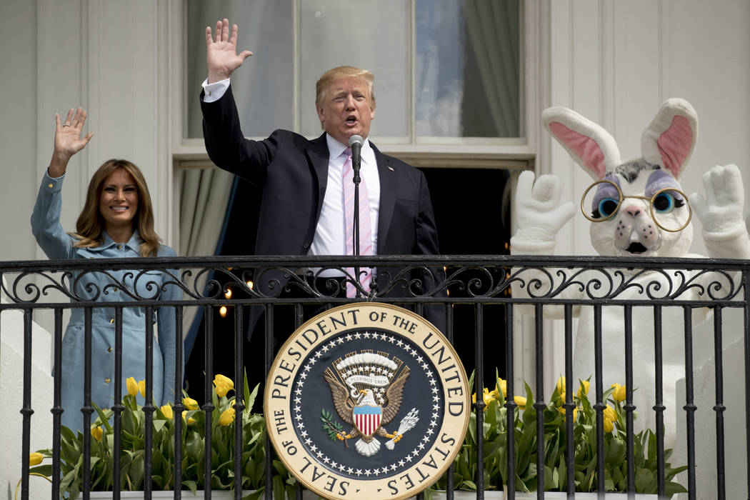 President Donald Trump, joined by the Easter Bunny and first lady Melania Trump speaks from the ...