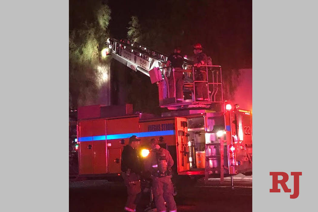Crews battle a fire Saturday, April 20, 2019, at 3231 Jericho St. in Las Vegas. (Clark County F ...