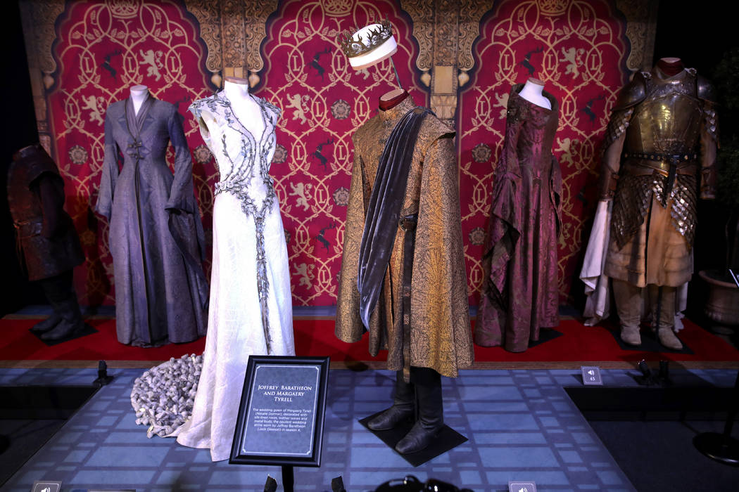 FILE - In this April 10, 2019, file photo costumes of the characters Joffrey Baratheon and Marg ...
