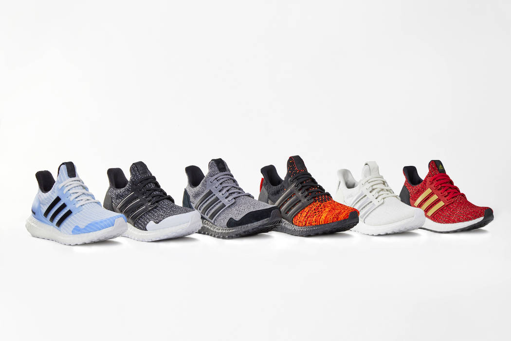 This product image released by HBO shows various styles of Adidas x Game of Thrones Ultra Boost ...