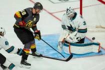 Golden Knights right wing Reilly Smith (19) just misses on a shot past San Jose Sharks goaltend ...