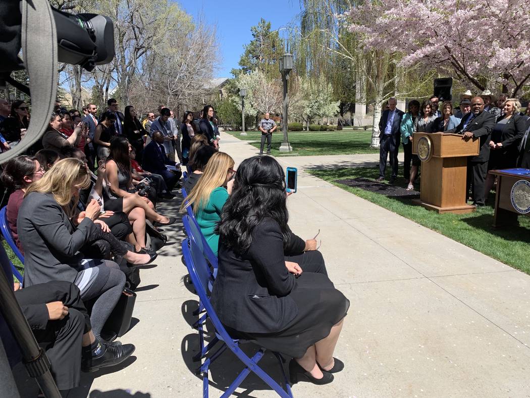 Assembly Speaker Jason Frierson, D-Las Vegas, speaks at the signing Senate Bill 358, committin ...