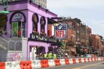 Crews set up stage for NFL Draft on Tuesday, April 23, 2019 in Nashville, Tenn. (AP Photo/Vera ...