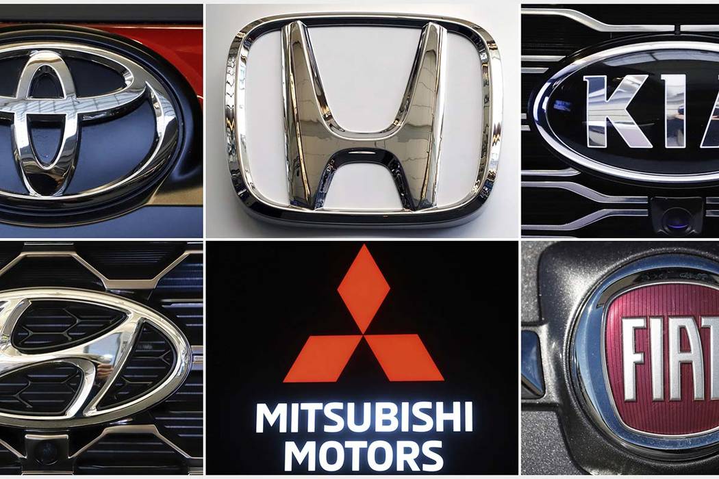 This undated combination of photos shows clockwise from top left the logos for Toyota, Honda, K ...