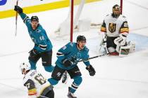 Sharks center Tomas Hertl (48) and Sharks right wing Timo Meier (28) celebrate after the Sharks ...