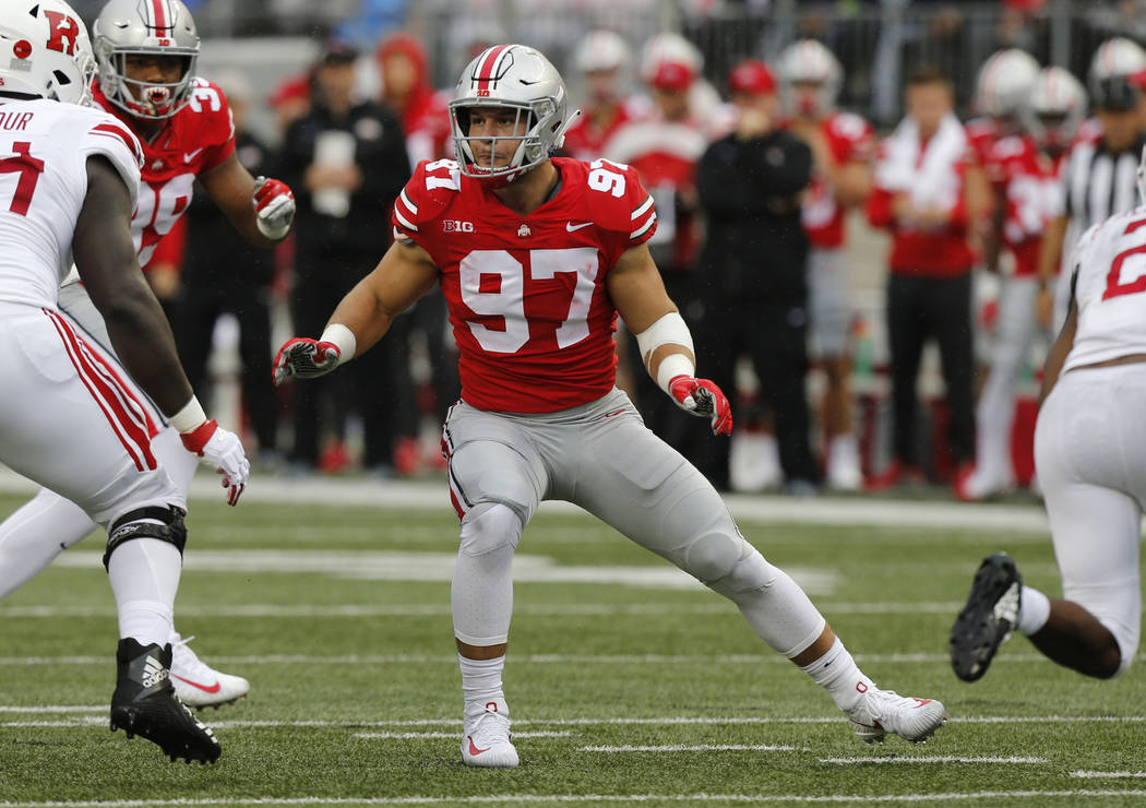 Ohio State defensive lineman Nick Bosa plays against Rutgers during an NCAA college football ga ...