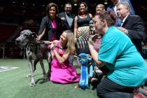 Dottie poses for a photo with judges after taking the Best in Show title during the Animal Foun ...