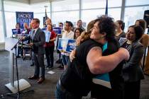 Sen. Jacky Rosen, D-Nev., hugs Danielle Brown after speaking at a Human Rights Campaign event f ...