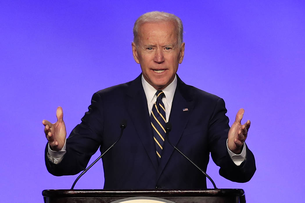 In this April 5, 2019 photo, former Vice President Joe Biden speaks at the International Brothe ...