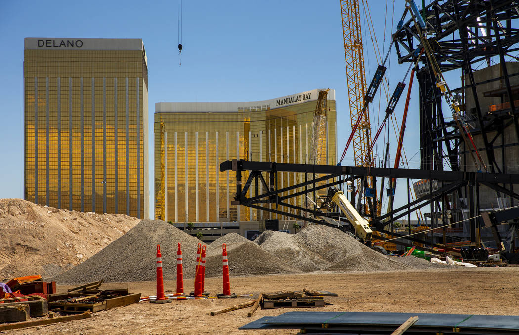 The newest truss is ready to be lifted and attached to the top of Raiders Stadium on Wednesday, ...