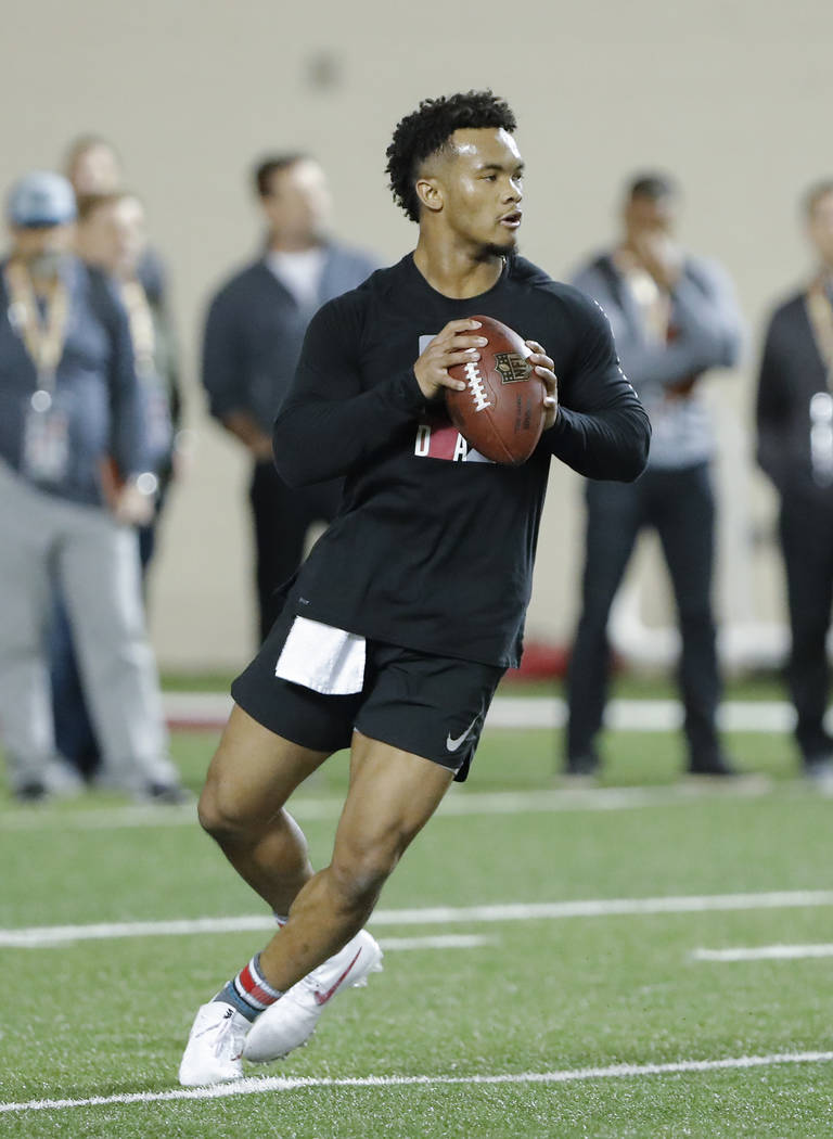 Oklahoma quarterback Kyler Murray goes through passing drills at the university's Pro Day for N ...