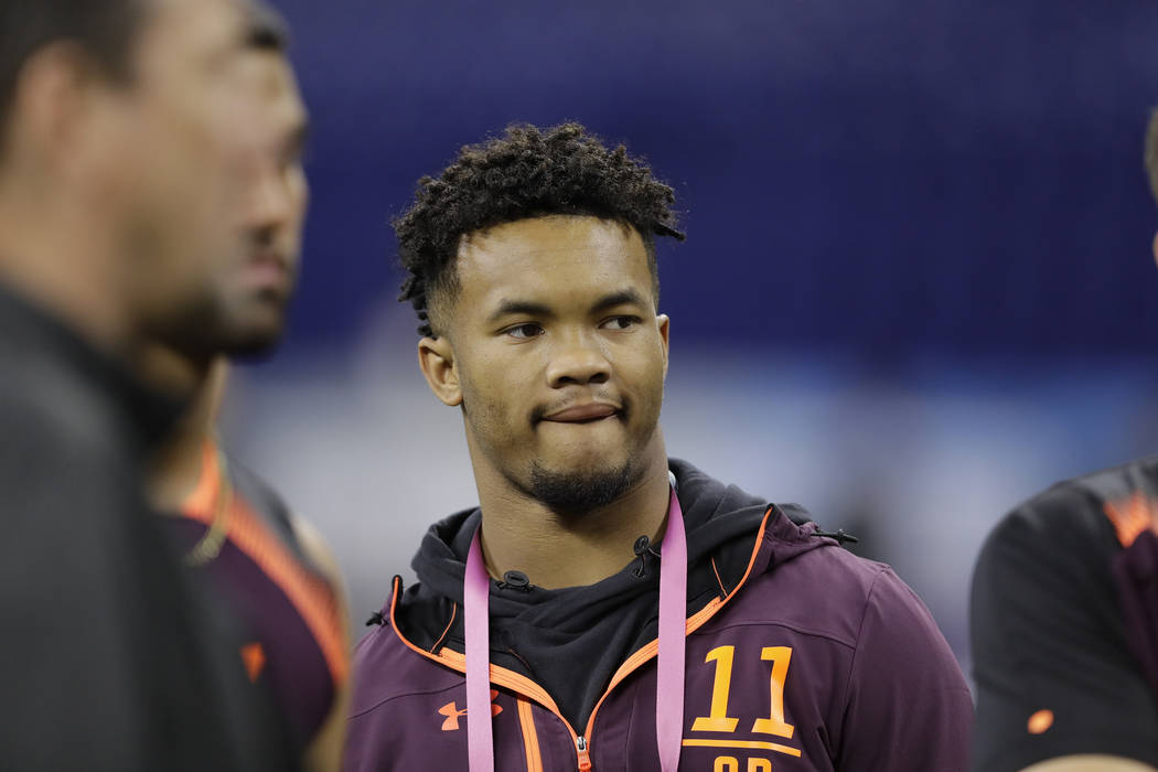 Oklahoma quarterback Kyler Murray watches during the NFL football scouting combine, Saturday, M ...