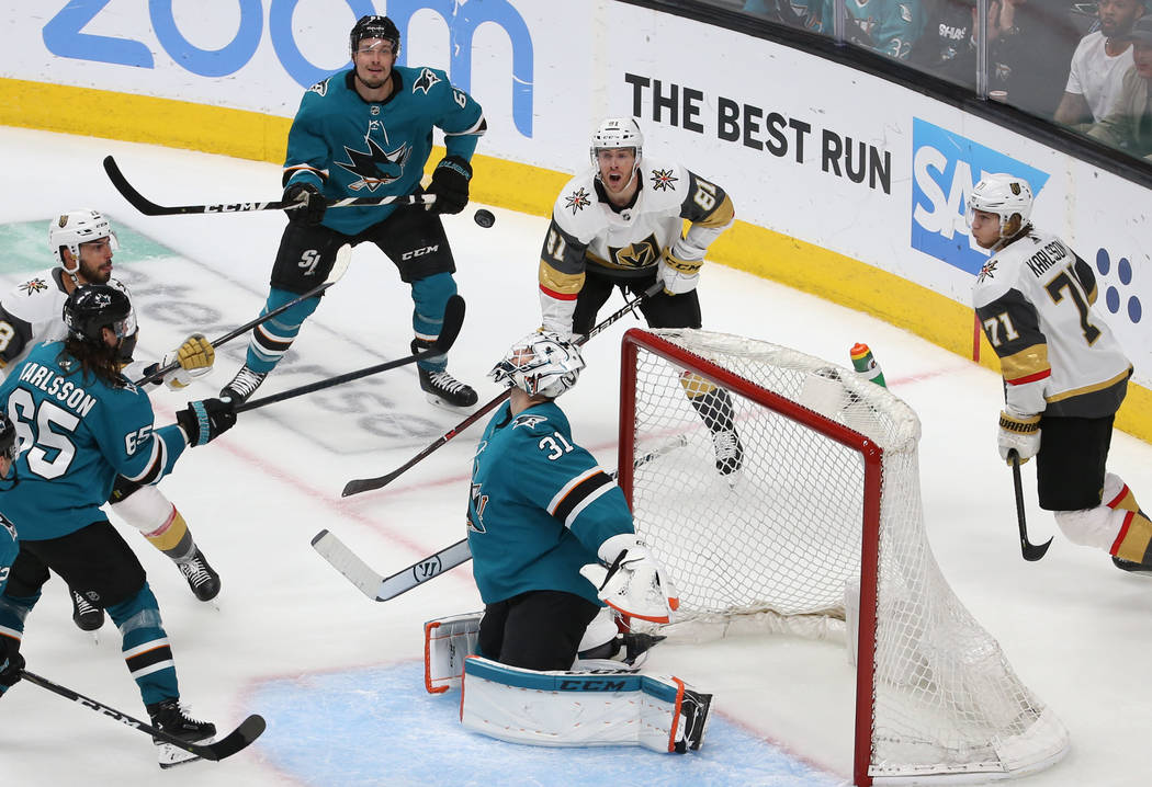 San Jose Sharks goaltender Martin Jones (31) makes a save in the third period during game seven ...