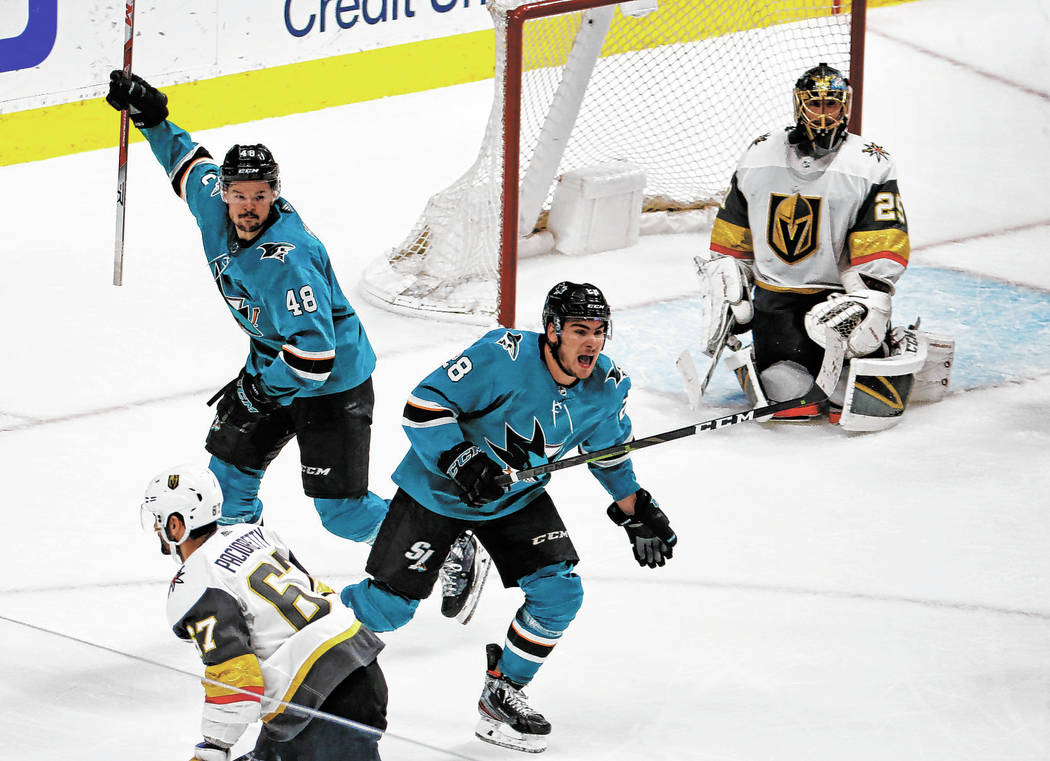 Sharks center Tomas Hertl (48) and Sharks right wing Timo Meier (28) celebrate after the Sharks ...