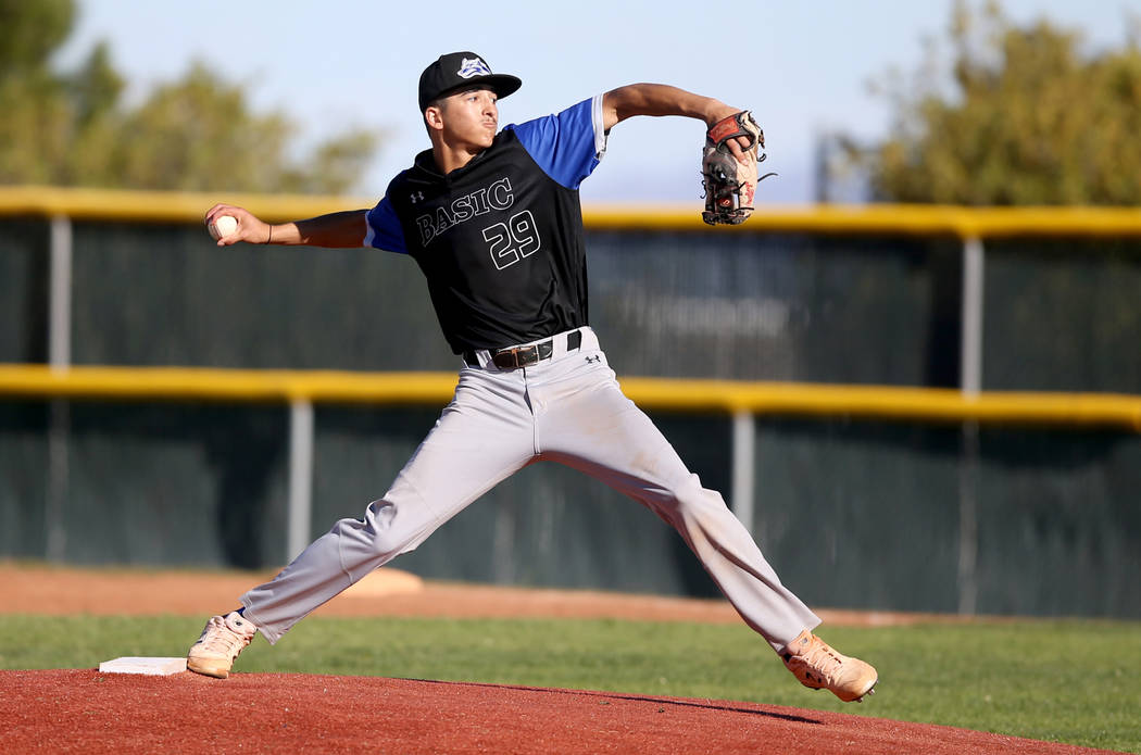 Basic pitcher Demetrius Vigil (29) throws against Palo Verde in the fifth inning of their baseb ...