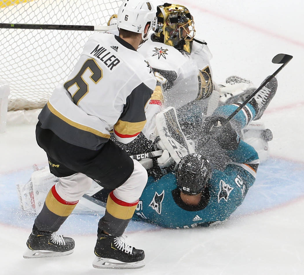 Golden Knights goaltender Marc-Andre Fleury (29) makes a save against Sharks right wing Kevin L ...