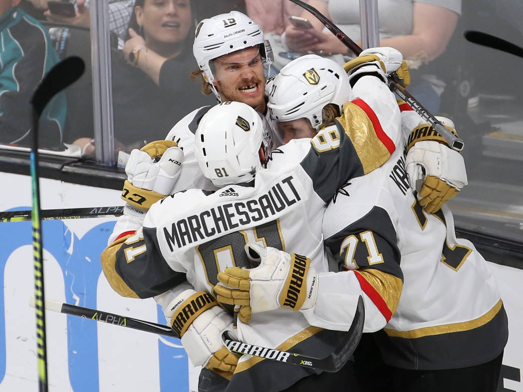 Knights center Jonathan Marchessault (81) celebrates with Knights center William Karlsson (71) ...