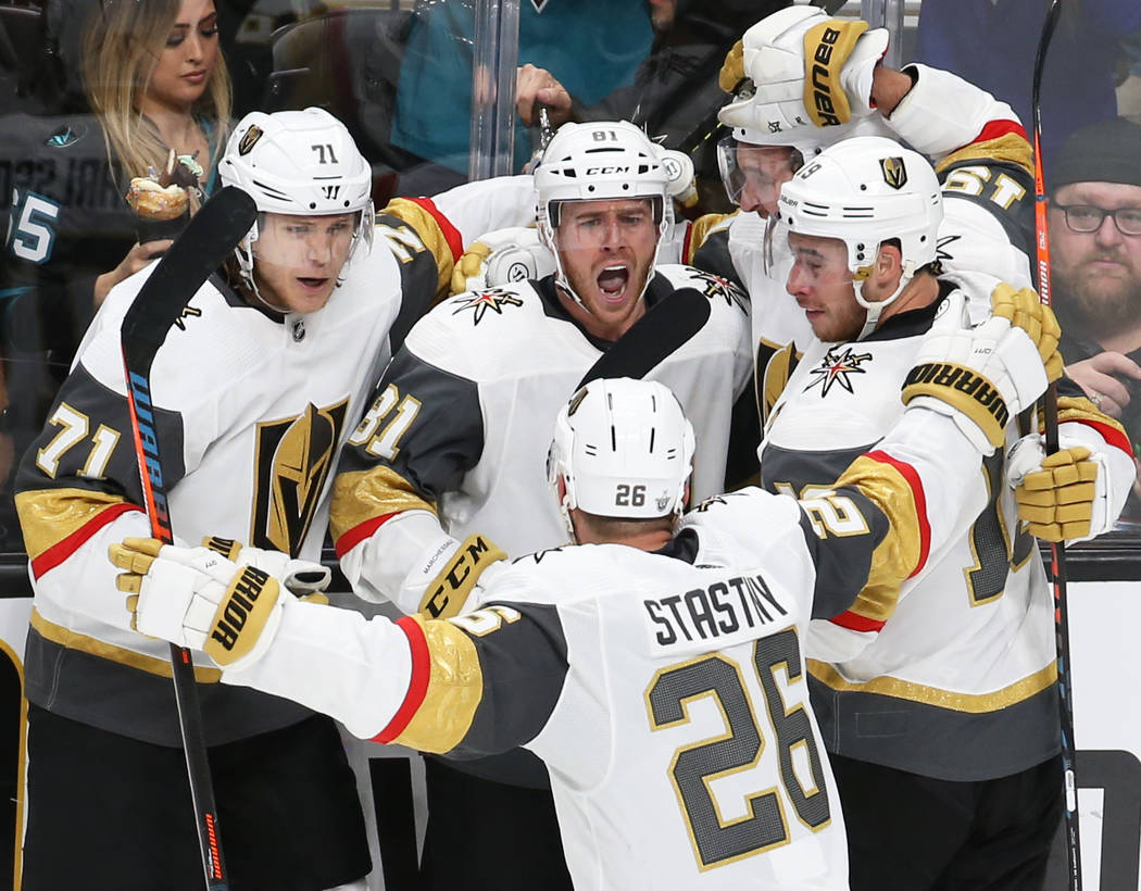 Knights center William Karlsson (71), Knights center Jonathan Marchessault (81), Knights right ...