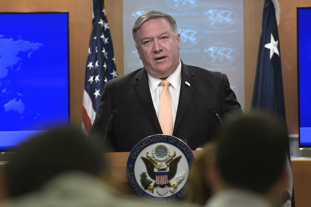Secretary of State Mike Pompeo speaks during a news conference on Monday, April 22, 2019, at th ...