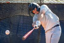 The Meadows School third baseman Sam Kaplan connects on a pitch during hitting practice, he wil ...