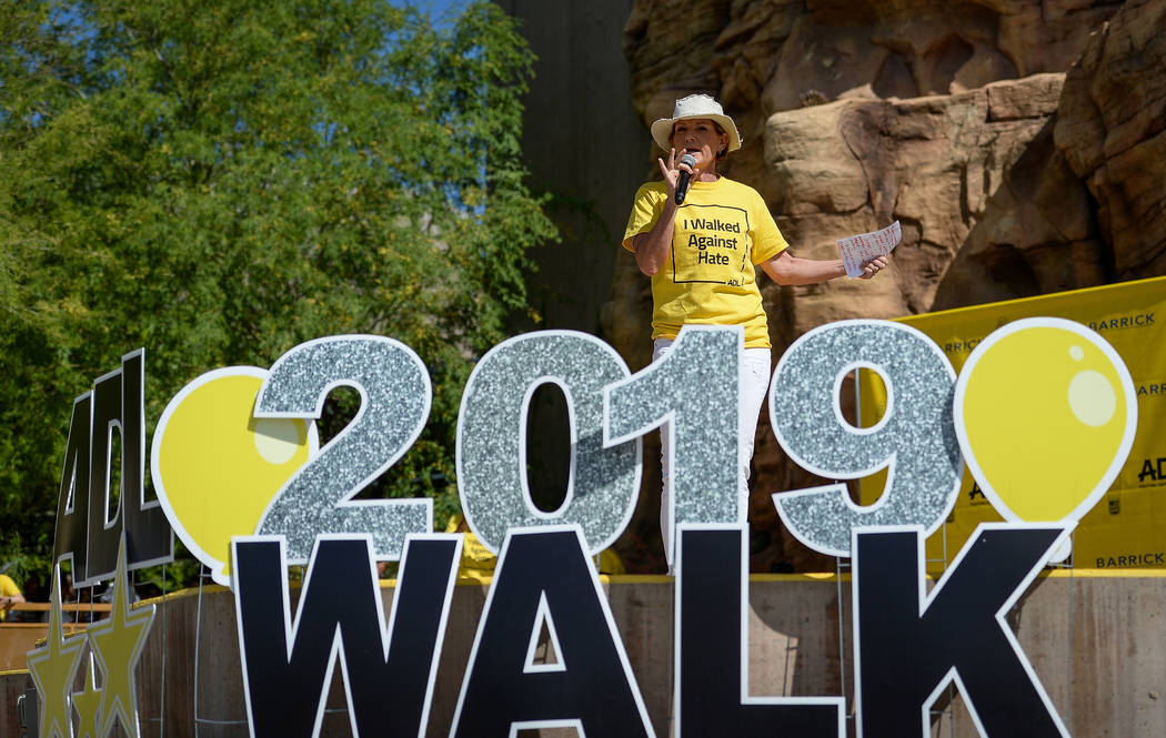 Rep. Susie Lee, D-Nev., speaks during the Anti-Defamation League Walk Against Hate at the Las V ...