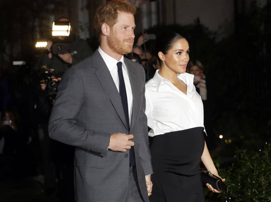 FILE - In this Thursday, Feb. 7, 2019 file photo, Britain's Prince Harry and Meghan, Duchess of ...