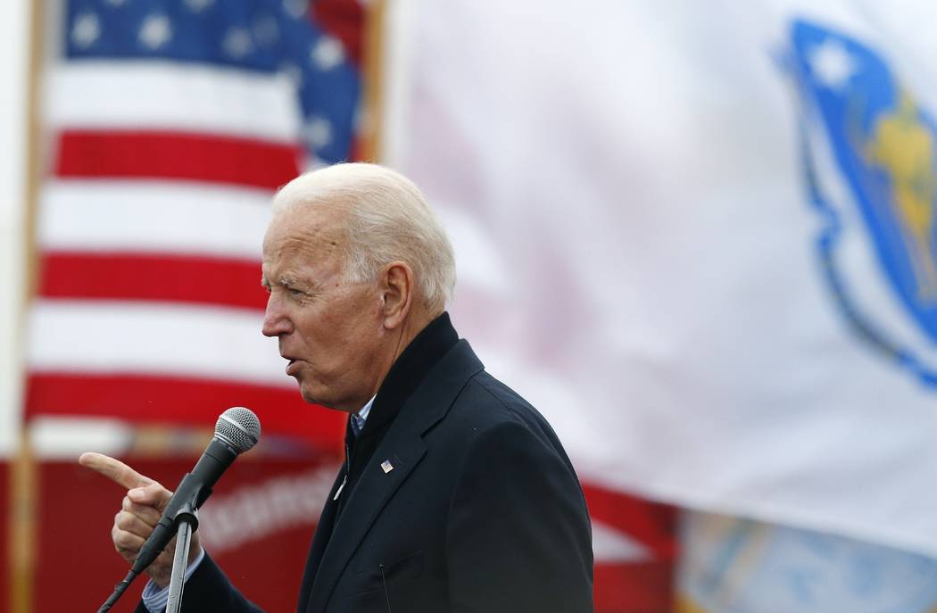 Former vice president Joe Biden speaks April 18, 2019, at a rally in support of striking Stop & ...