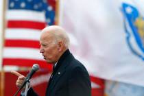 Former vice president Joe Biden speaks April 18, 2019, at a rally in support of striking Stop & ...