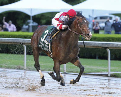 In a photo provided by Oaklawn Park, Omaha Beach, with jockey Mike Smith, wins the Arkansas Der ...