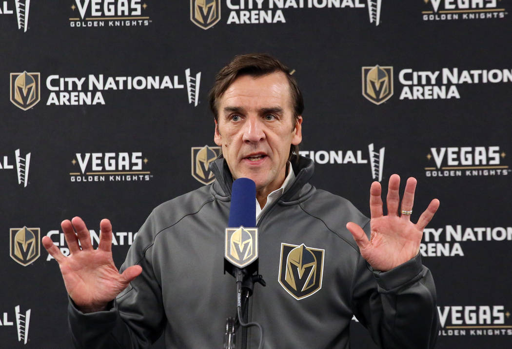 Golden Knights general manager George McPhee addresses the media at City National Arena on Thur ...