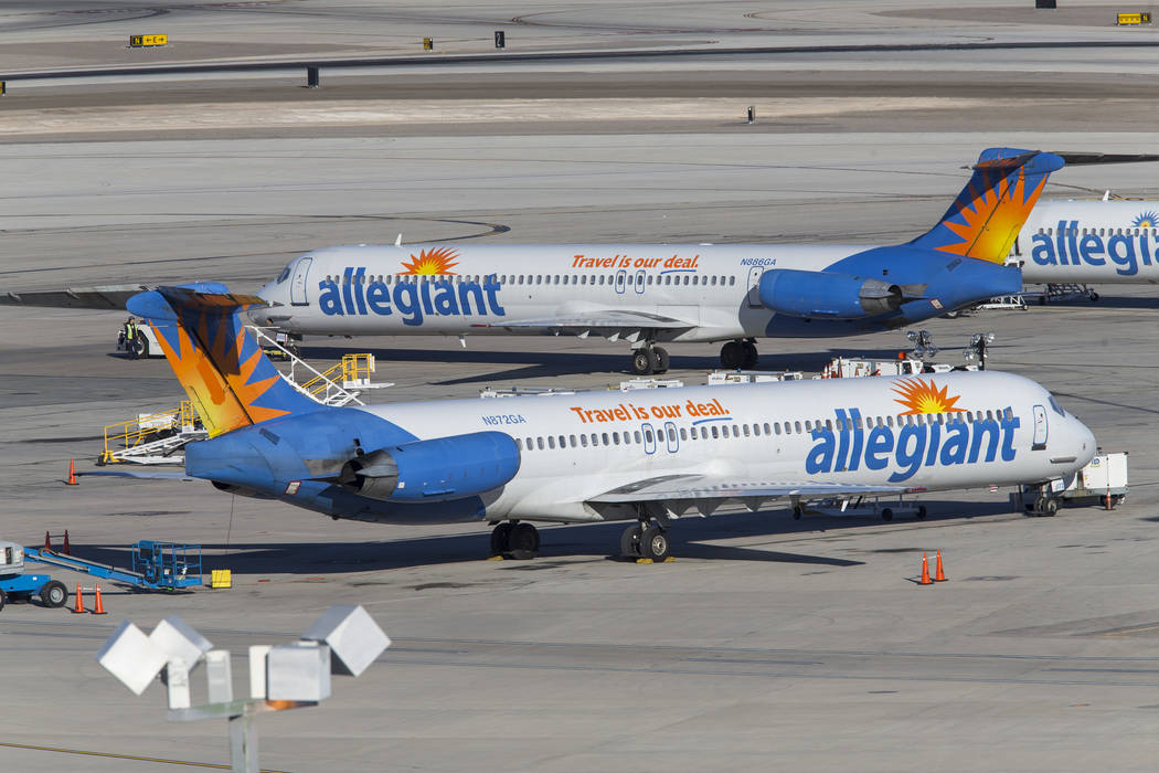 Allegiant Air passenger jets on the tarmac McCarran International Airport in Las Vegas, Sunday, ...