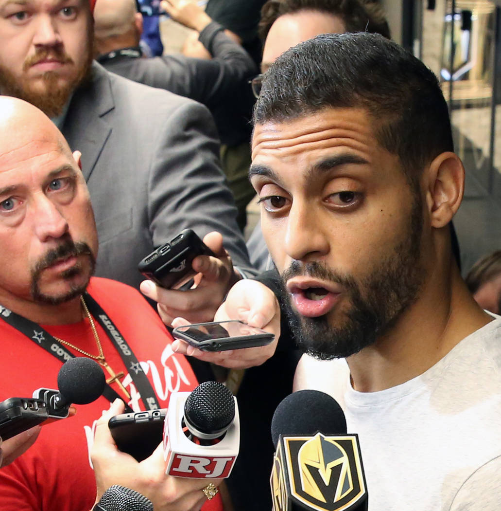 Golden Knights center Pierre-Edouard Bellemare addresses the media at City National Arena on Th ...