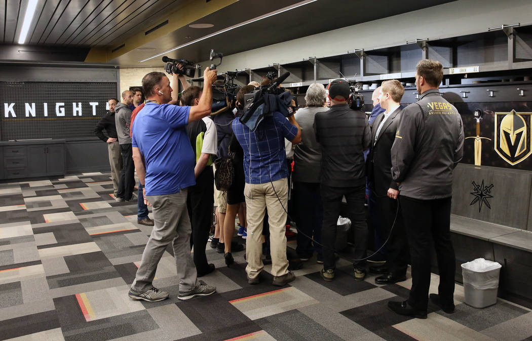 Golden Knights players address the media at their locker room at City National Arena on Thursda ...