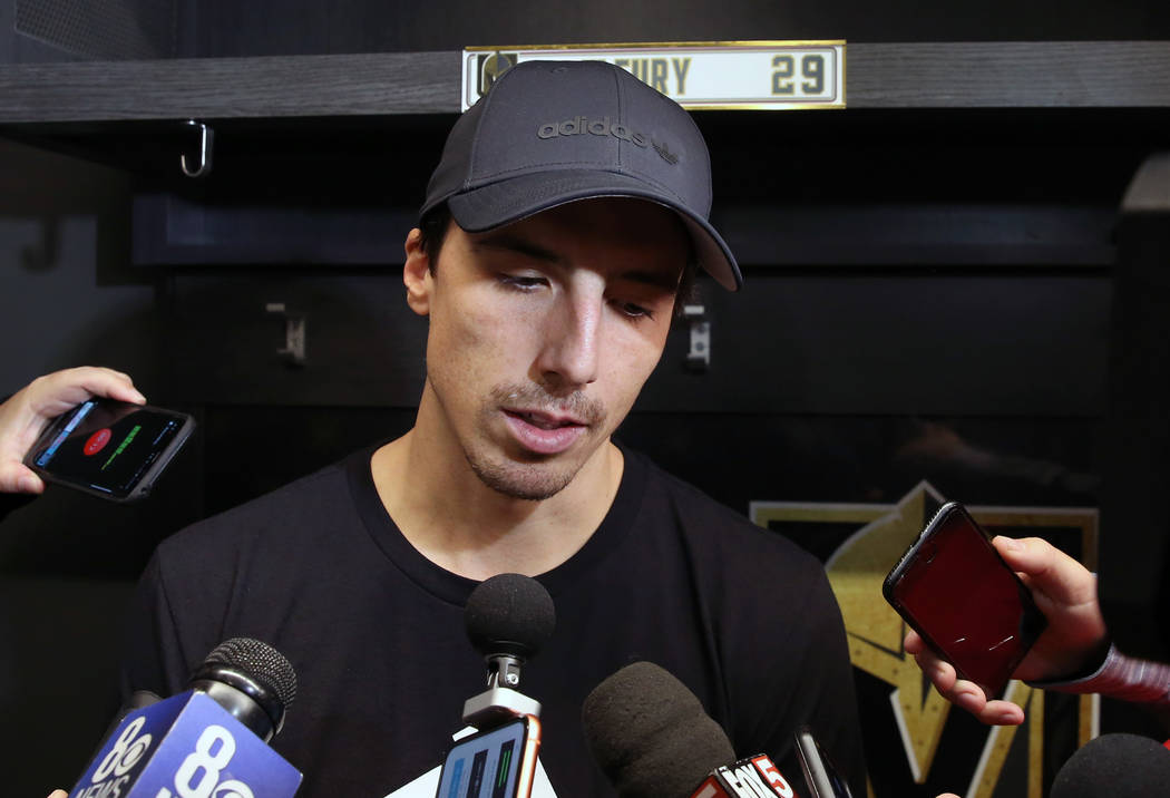 Golden Knights goalie Marc-Andre Fleury addresses the media at City National Arena on Thursday, ...