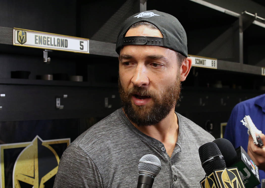 Golden Knights defenseman Deryk Engelland addresses the media at City National Arena on Thursda ...