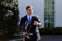 Arizona Gov. Doug Ducey talks to reporters outside the West Wing of the White House in Washingt ...