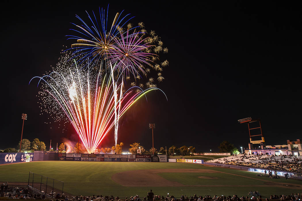 Fireworks light up the sky at Cashman Field at the conclusion of the 51s home game with the Sac ...