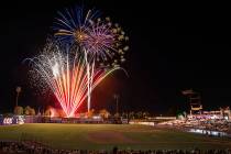 Fireworks light up the sky at Cashman Field at the conclusion of the 51s home game with the Sac ...
