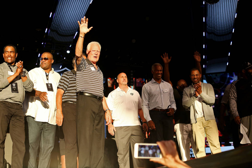 Former Raiders players greet the crowds at a Raiders draft party at Drai's nightclub at The Cro ...