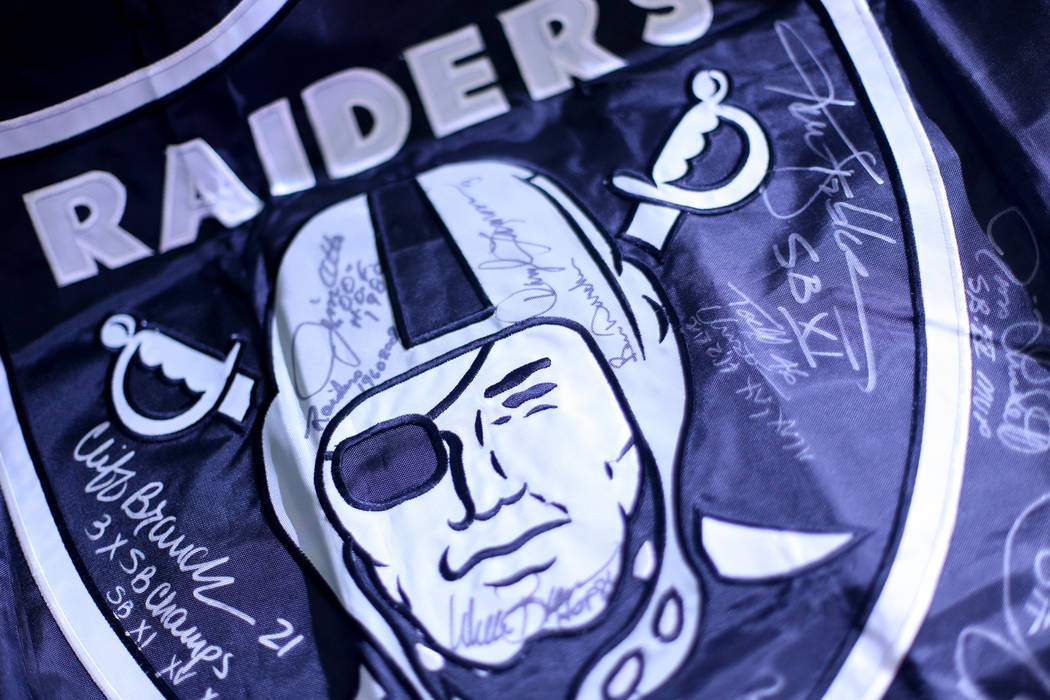 A signed Raiders flag at a Raiders draft party at Drai's nightclub at The Cromwell hotel-casino ...
