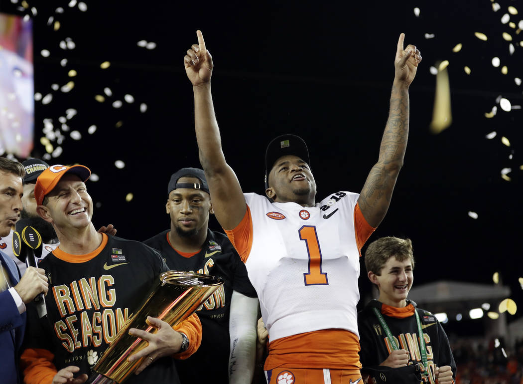 Clemson's Trayvon Mullen celebrates after the NCAA college football playoff championship game a ...
