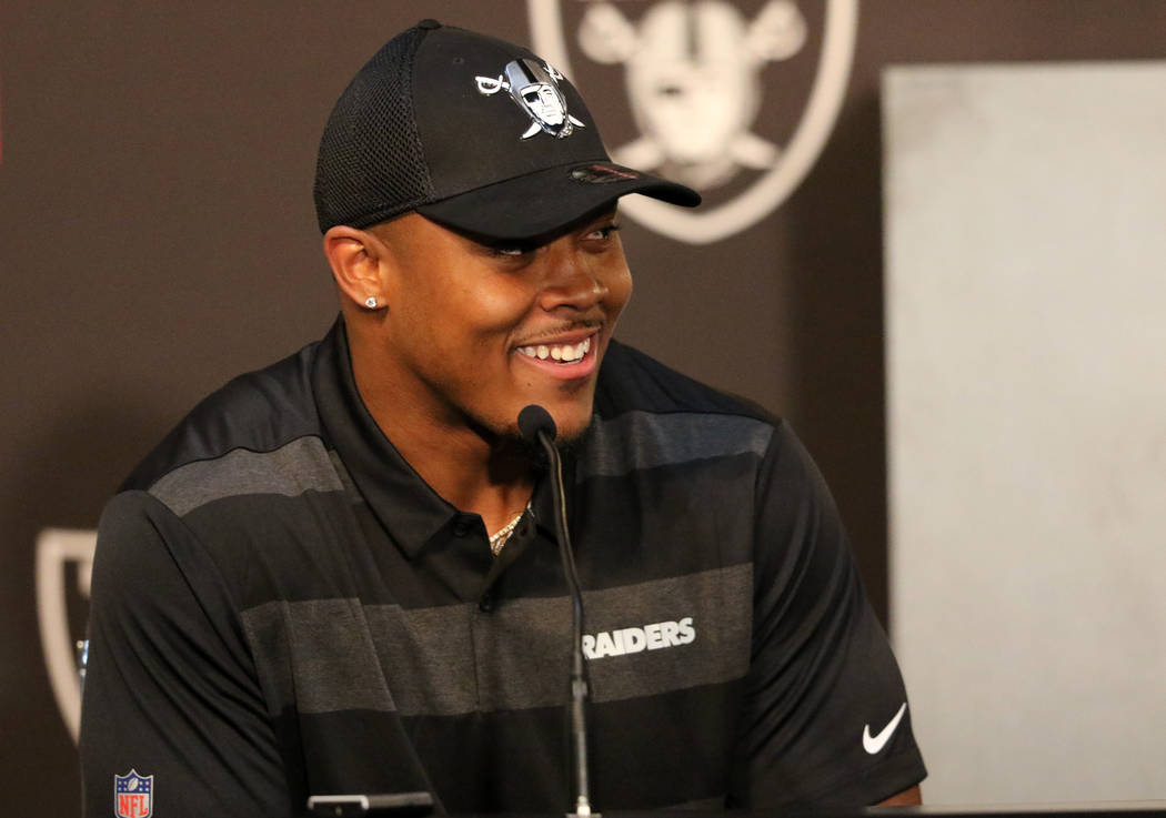 Oakland Raiders no. 24 overall pick of the 2019 NFL Draft, running back Josh Jacobs, smiles dur ...