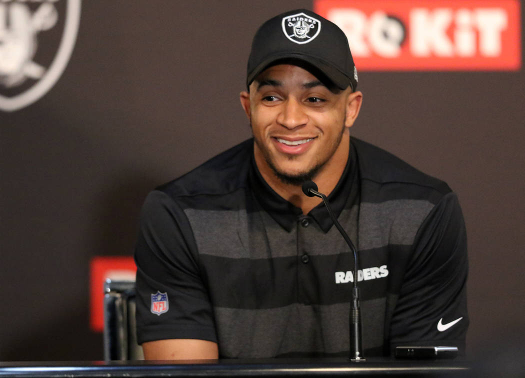 Oakland Raiders no. 27 overall pick of the 2019 NFL Draft, safety Johnathan Abram, answers ques ...