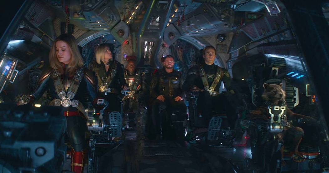 This image released by Disney shows, from left, Brie Larson, Scarlett Johansson, Don Cheadle, C ...