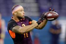 Notre Dame tight end Alize Mack runs a drill during the NFL football scouting combine, Saturday ...