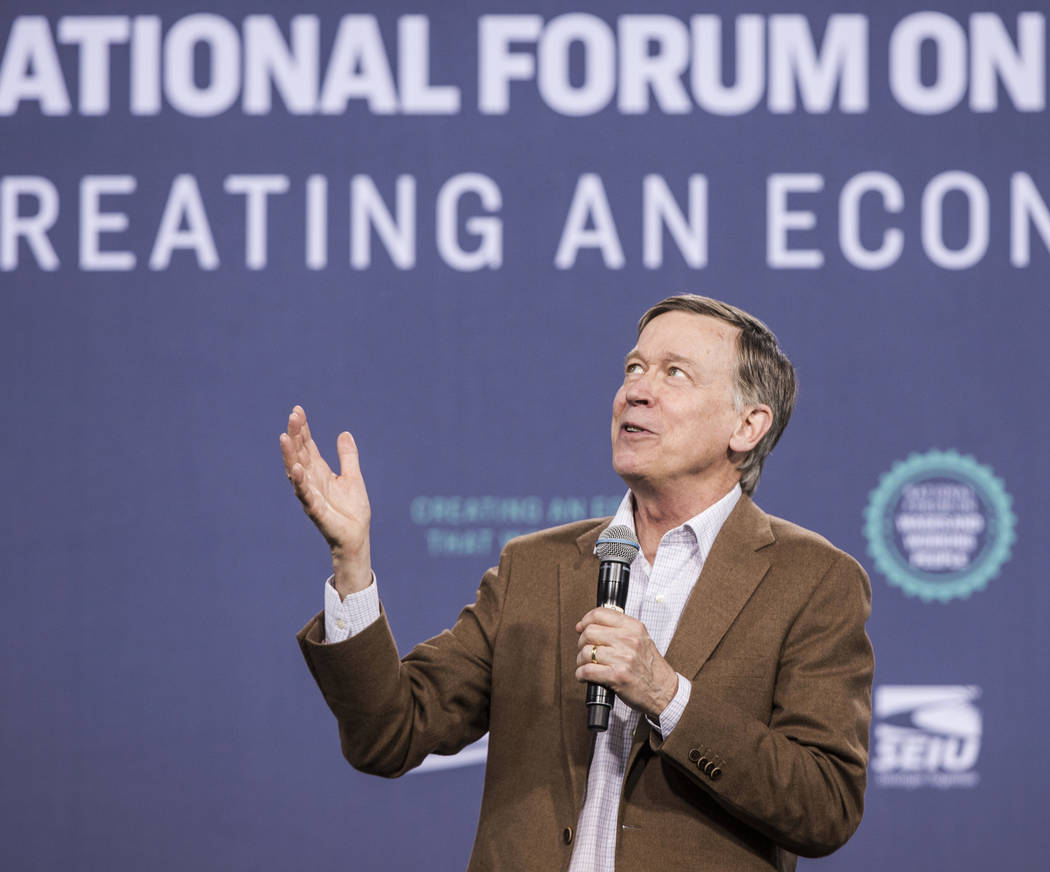 Democratic presidential candidate and former governor of Colorado John Hickenlooper speaks duri ...